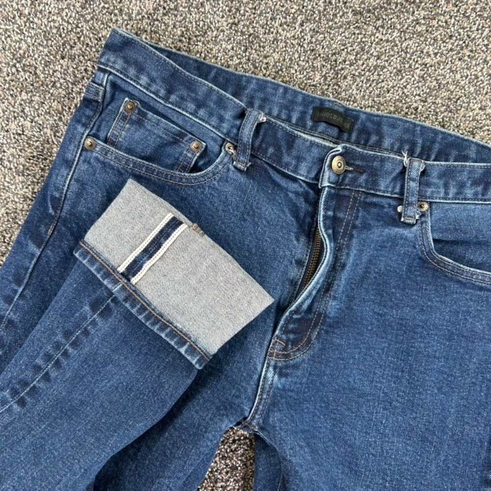 Uniqlo Slim Straight Kaihara Selvedge Denim Jeans Men 35x32 Blue Casual Red Line